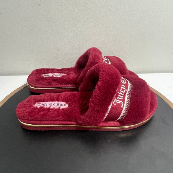 Juicy Couture Faux Fur Slides Slippers Wine Red Terry Cloth Logo Detail XL-9/10 - Picture 1 of 11